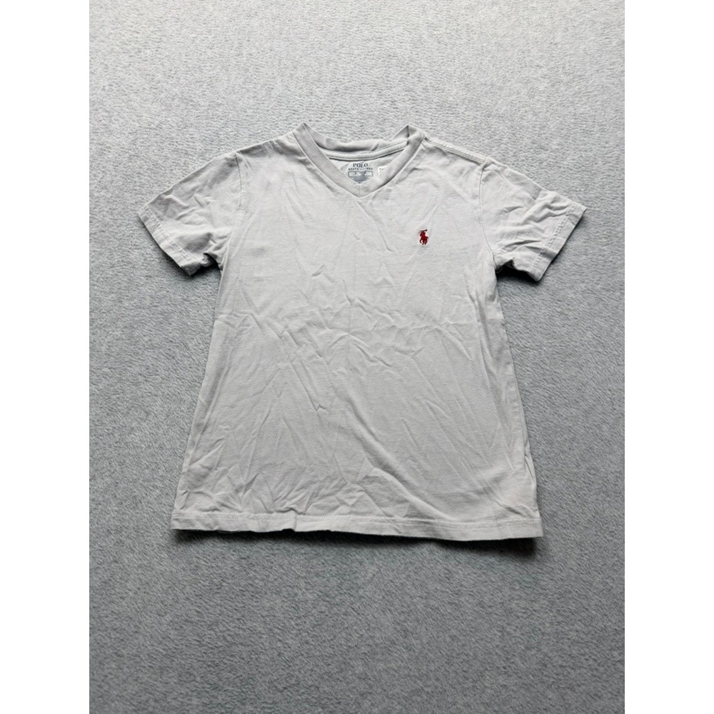 Polo Ralph Lauren Boys Gray V-Neck T-Shirt Red Pony Size 6 Short Sleeve Tee